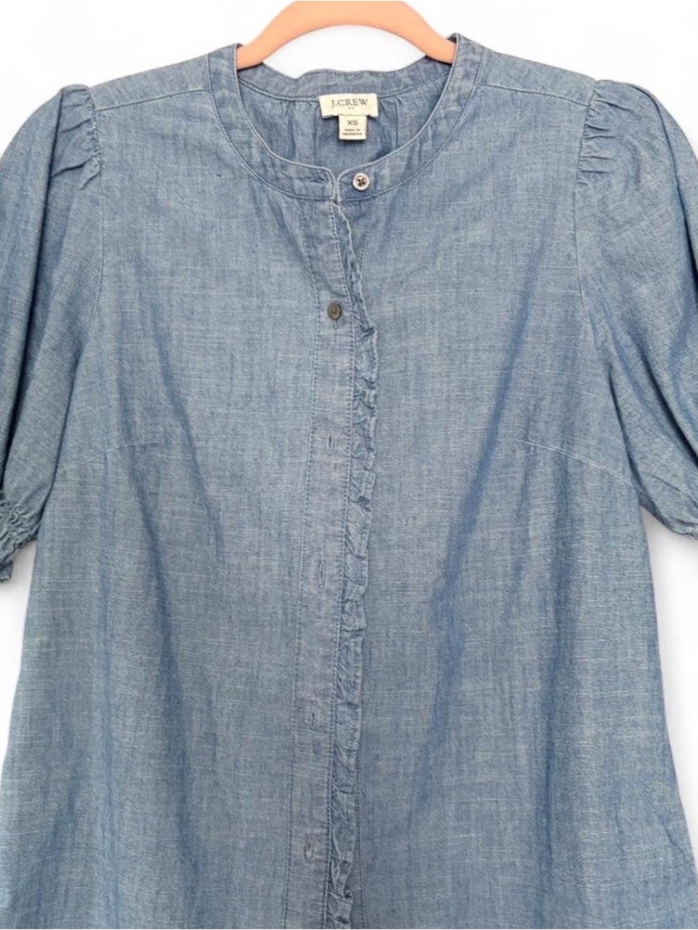 J. Crew Light Blue Chambray Ruffle-Trim Button Down Top